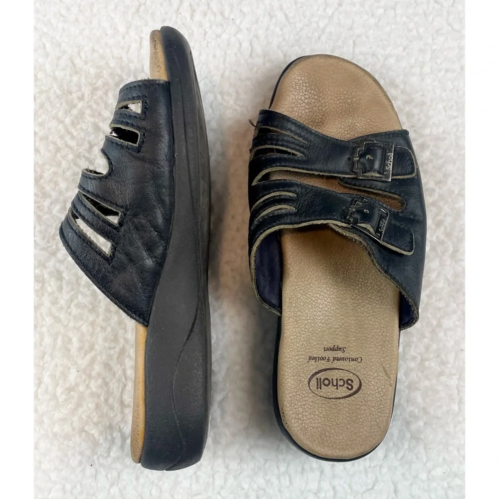 DR. SCHOLL’S • Black/Tan Strappy Buckle Slip-On Sandals, 4 - Picture 4 of 14